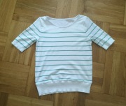 Sweter C&A cienki sweterek tshirt krótki rękaw biały zielony paski 34 XS hm