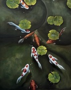 Obraz Akrylowy ręcznie malowany 9 Ryb Koi 40x50 cm z czarną ramką drewnian