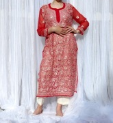 Indyjska tunika czerwona S M haftowana etno boho orient szyfon lekka 