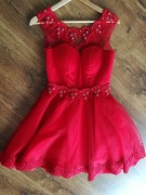 Sukienka Koktajlowa Czerwona Koronka Tiul Haft R XS S Idealna