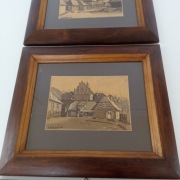 Obrazy gwasze.Zestaw 3 sztuki w brązowych drewnianych ramach. A. Michalska.