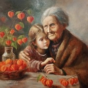 Obraz olejny babcia z wnuczką. Miechunka. Włodarczyk. Sygnowany. 50x50