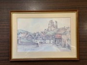 Śliczny obrazek ręcznie wykonany AKWARELA Corfe Castle DORSET Zamek  