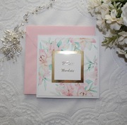 Kartka na urodziny złota pudrowo różowe kwiaty lilie różowa pastelowa