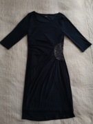 Elegancka granatowa marszczona sukienka z rękawem 3/4 cekiny F&F 40 42