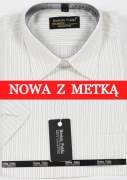 Koszula męska biała kremowa w paski na krótki rękaw kołnierzyk 40/41