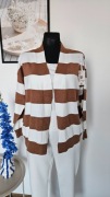 Kardigan w biało- kawowe pasy + top z tego samego materiału rozmiar L/XL