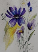 Akwarela z fioletowym kwiatem.