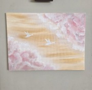 Obraz 30x40 pastelowy chmury ptaki ręcznie malowany akryl na płótnie