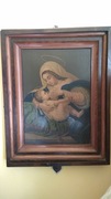 Matka Boska karmiąca - stary oleodruk w ramie.