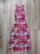 Długa maxi sukienka z rozcięciem na plecach w różowe i czerwone kwiaty S