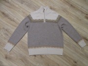 VIKAFJELL męski ciepły sweter beżowo-szary wzory 50% wełna _ M