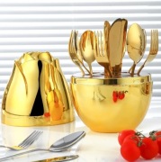 ZESTAW SZTUĆCÓW ZŁOTE SZTUĆCE POŁYSK KOMPLET W STOJAKU ORGANIZER 24EL