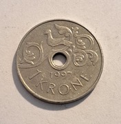 157. Moneta Norwegia 1 korona 1997 rok 