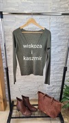 Zielony khaki sweter damski z dekoltem w V dodatek kaszmiru Martins S/M