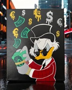 Obraz pop-art – Sknerus McKwacz z pieniędzmi, symbol bogactwa, 24x30 cm