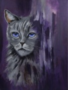 Obraz olejny 60x80 „Moonlit Eyes” , kot we fiolecie, do salonu, na prezent