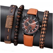 Zegarek męski brązowy pasek skórzany NA PREZENT + Bransoletki