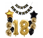 Zestaw Dekoracji Balony 18 Urodziny złoto czarny K