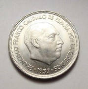 Hiszpania 5 pesetas 1957 W gwiazdce 71 PIĘKNA! Rzadka w tym STANIE!