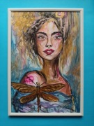 Abstrakcyjny portret kobiety - akwarela i akryl - format A4. 