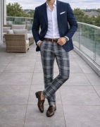 Granatowa marynarka 100% wełna z vistuli i spodnie w kratkę 