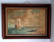 Na złotym wybrzeżu Stara fregata Olej na płótnie. Syg. Nielsen