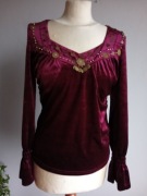 Welurowa bluzka bordo  cekiny monety boho vintage S/M