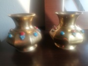 Stare pozłacane lichtarze świeczniki turkus koral 