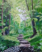 OBRAZ RĘCZNIE MALOWANY PEJZAŻ AKRYLOWY "MIĘDZY DRZEWAMI" - 24x30cm