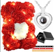 Miś z płatków róż Rose Bear + Naszyjnik Kocham Cię