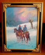 PATROL UŁANÓW-OBRAZ OLEJNY NA PŁÓTNIE, -J. KOSSAK 48x38 