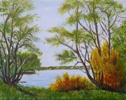 OBRAZ RĘCZNIE MALOWANY PEJZAŻ AKRYLOWY "W RDZAWYM SITOWIU" - 24x30cm