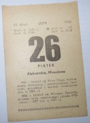 Kartka z kalendarza z 26.02.1982 r. Metryczka urodzin, itp. !! ORYGINALNA !