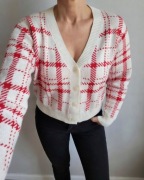 Damski sweter kardigan retro w kratę dekolt serek szpic V