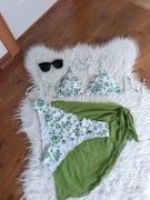 Bikini damskie XL komplet 3 części zielone kwiaty + pareo wysoki stan