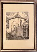 Piękny architektoniczny drzeworyt 1920r Henri Bacher, Francja