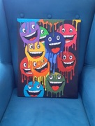 OBRAZ RĘCZNIE MALOWANY NA PŁÓTNIE UŚMIECHNIĘTE EMOTKI 40x50