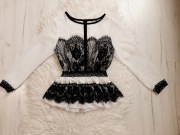 Piękna biała bluzka z czarną ażurową koronką xs 34