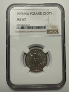 1 zł 1993, NGC MS 67, druga max nota - mennicza, grading