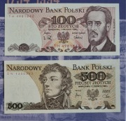 UNC Zestaw banknotów PRL stan bankowy, 100 złotych, 500 złotych 
