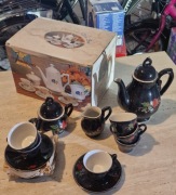 Ekskluzywny serwis kawowy porcelana Głęboki Granat Róże 15 el. Vintage