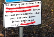 Znak drogowy tablica znaku nie dotyczy pojazdów budowy odbiór Toruń