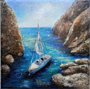 Zatoka morska z jachtem obraz ręcznie malowany.