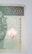 Banknot 100 zł unikatowe numery AI9990990 