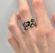 Pierścionek Koraliki Miyuki Panterka Egzotyczny Zielony Handmade Na Wymiar