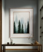 Obraz olejny 50x70 ręcznie malowany zamglony las na ścianę