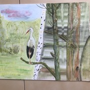 Wiosna i bocian akwarela na papierze