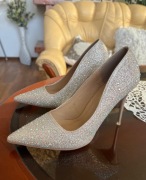 Złote szpilki czółenka kryształy obcas ślubne szampańskie 38