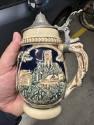 Stary ceramiczny niemiecki kufel do piwa kolekcjonerski z cynową pokrywką